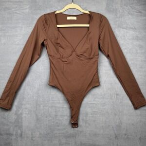 Qinsen Brown Long Sleeve Sweetheart Neckline Thong Bodysuit Women Size M‎